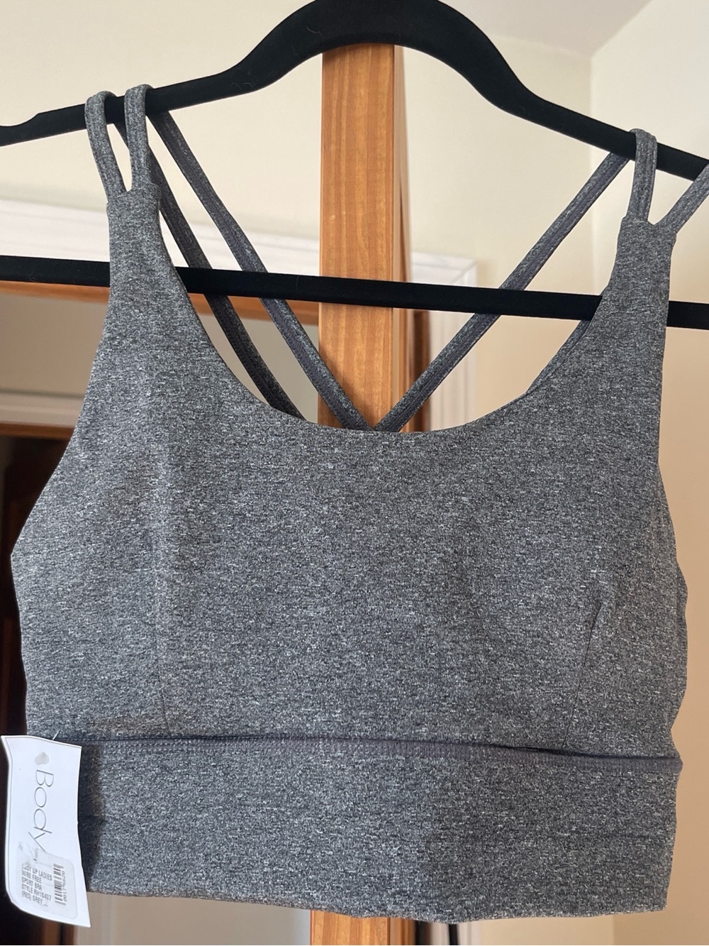 Body Up gray sports bra, medium crisscross back padded NWT